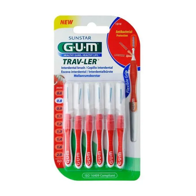 Gum Интердентални четки за зъби прави, червени 0.8 mm, 6 бр. блистер