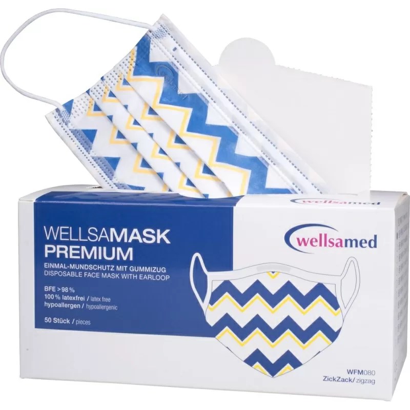 Wellsamed Маска предпазна с цветни мотиви с филтър и ластик; 50 бр. кутия - зиг-заг