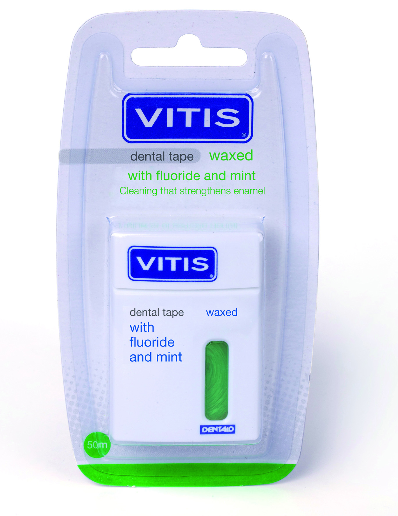 DENTAID Vitis Дентална лента с восък и флуорид, мента 50 m, блистер