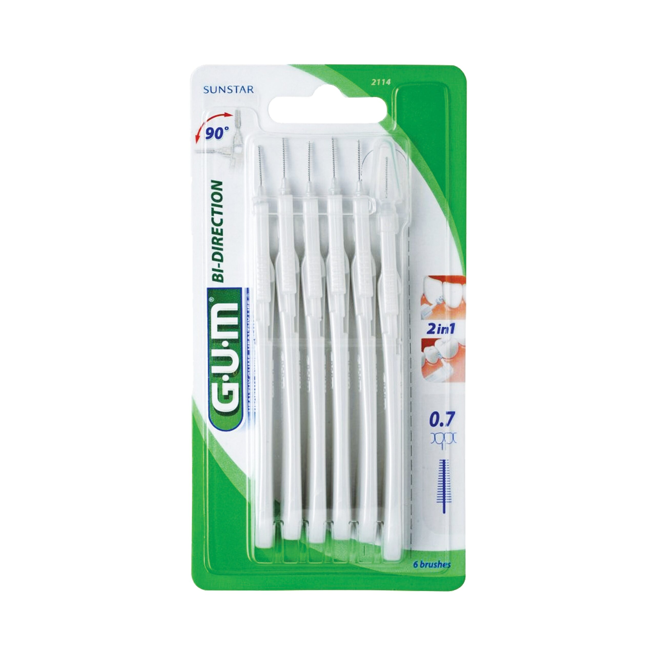 Gum Интердентални четки за зъби Bi-Direction, зелени 0.7 mm, 6 бр. блистер