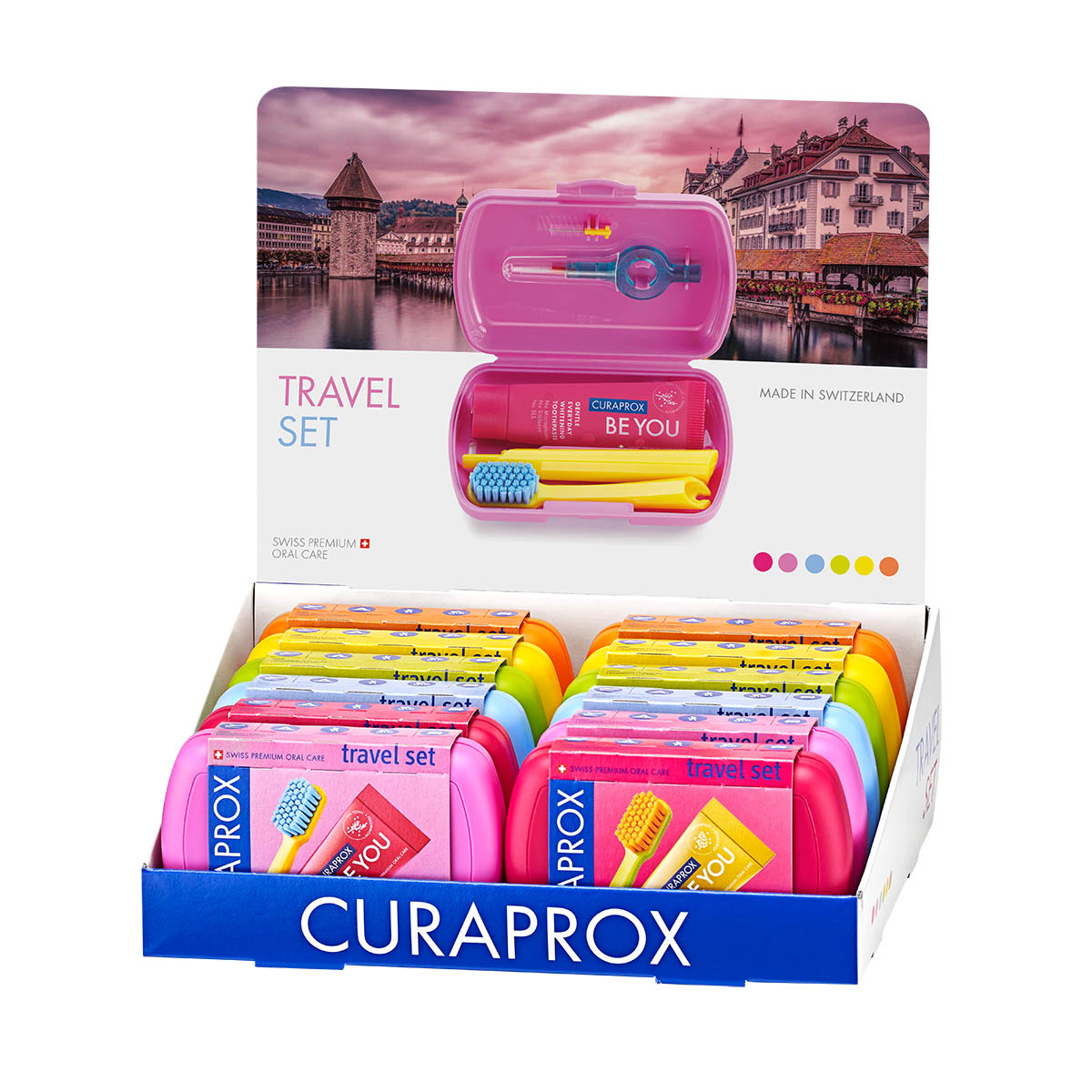 Curaprox Комплект за път в кутия BE YOU (сгъваема четка за зъби, паста за зъби, 2 интердентални четки), 12 бр. в дисплей