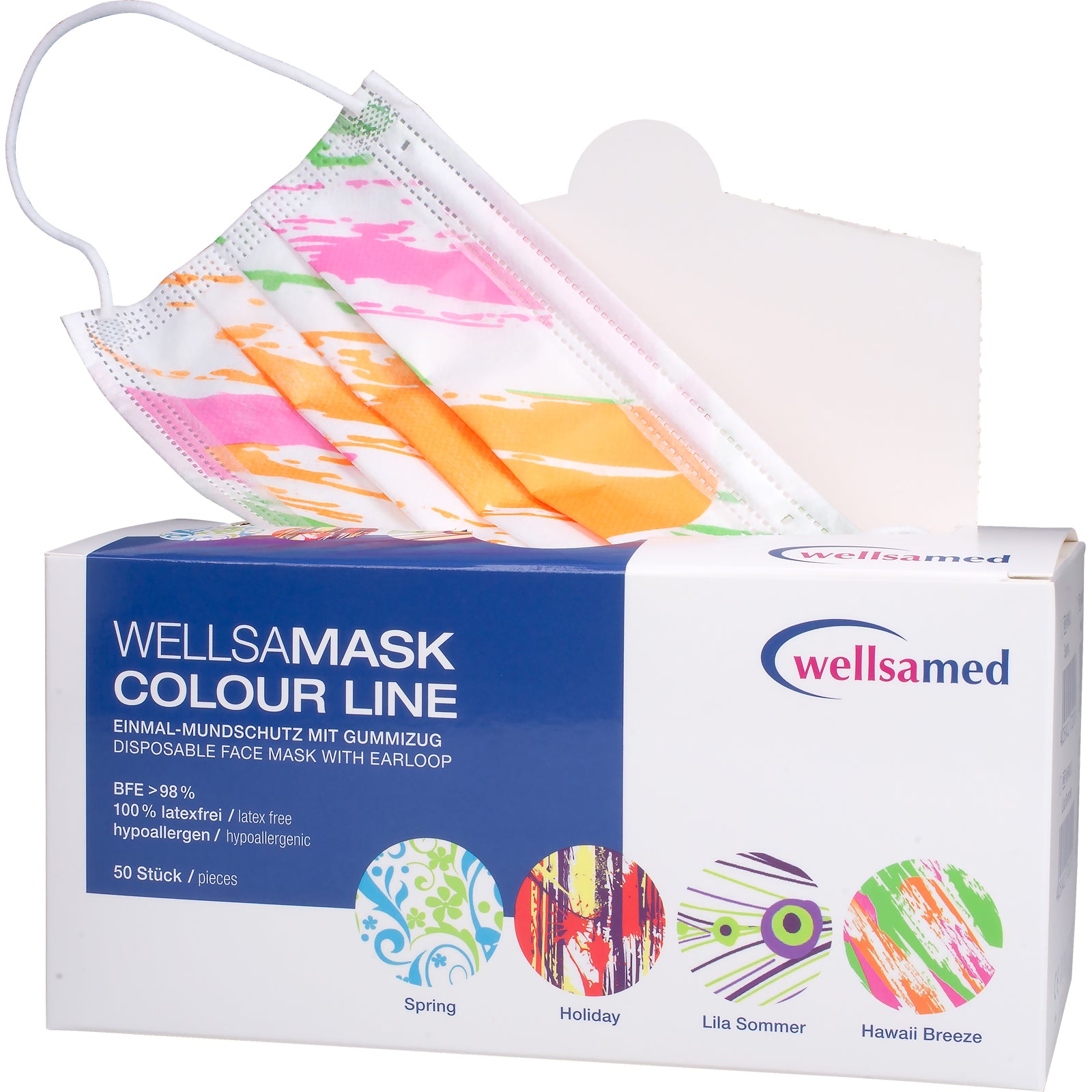 Wellsamed Маска предпазна с цветни мотиви с филтър и ластик; 50 бр. кутия - x авайски бриз